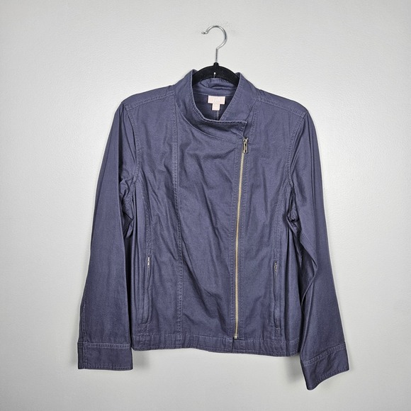 J. Jill Jackets & Blazers - J Jill Womens MP Moto Jacket‎ Linen Blend Asym Zip Lightweight Blue Gray Petite